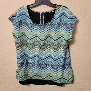 NY Collection Women's Chevron Print Mixed Media Blouse Sz PL